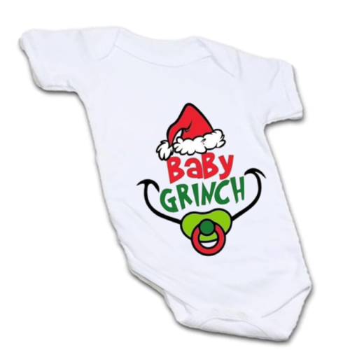 “Baby Grinch” Holiday Onesie – Festive Pacifier Design
