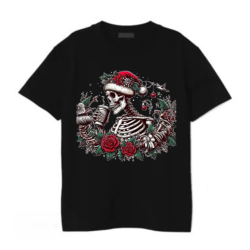 “Skeletal Santa Coffee Tee – Gothic Christmas Holiday Shirt”